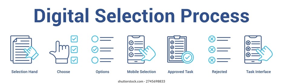 Digital Selection Process web banner icon set vector illustration concept for business with icon of Selection Hand, Choose, Options, Mobile Selection, Approved Ta.