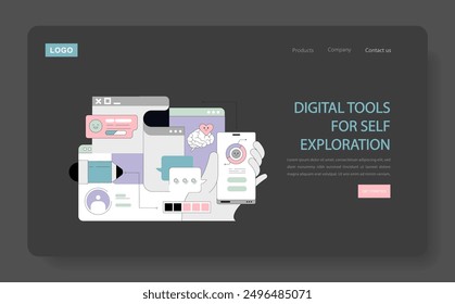 Concepto de ilustración de autoayuda digital. Involucrar a los App para el crecimiento personal y la exploración del bienestar mental. Ilustración vectorial en un estilo de diseño moderno y plano.