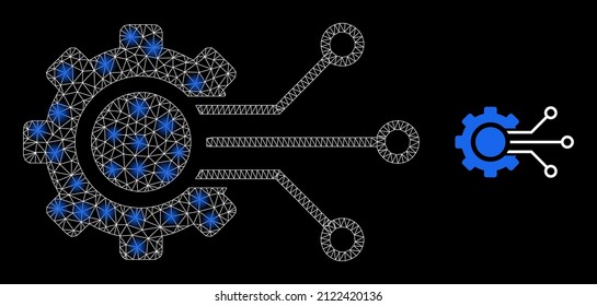 Digital sensor cog icon and constellation net mesh digital sensor cog structure with flare spots. Illuminated model created using digital sensor cog vector icon and triangulated mesh.