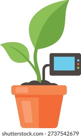 A digital sensor is placed next to a sprouting plant in a pot, signifying the use of technology for monitoring plant growth and health.