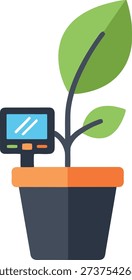 A digital sensor is positioned near a healthy green plant in a dark pot, signifying the integration of technology into modern gardening practices.