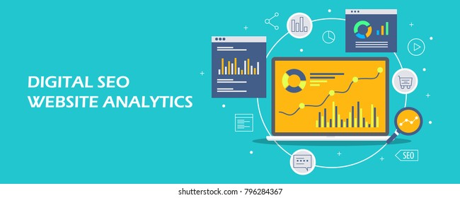 Digital SEO, Website analytics, Marketing strategy analysis flat vector banner with icons