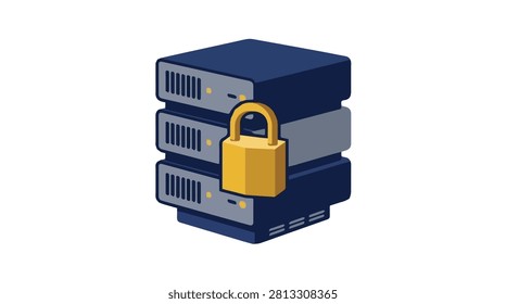 digital server with yellow security lock representing data protection and cybersecurity in dark blue colors for technology security themes