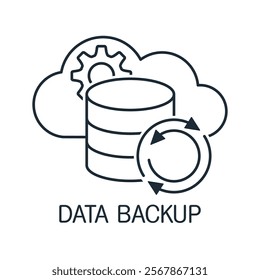  A digital service or application with data backup.Cloud storage for downloading. Network computing technologies.  Vector linear illustration icon isolated on white background.