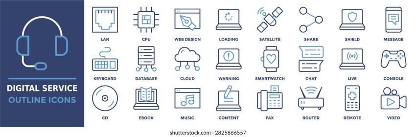 Digital service icon collection set. Containing console, remote, video, lan, cpu, cd, headset, loading and more. Outline vector icons collection