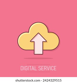 Digital service icon in comic style. Network cloud cartoon vector illustration on isolated background. Computer technology splash effect business concept.