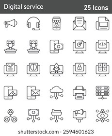 Digital Service Line Icons Set. Collection of 25 outline icons representing online services, digital platforms, technology, internet solutions, and virtual tools. Editable stroke vector illustration.