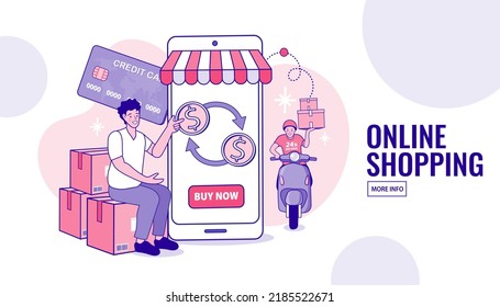 Digital service marketplace. Ordering and delivery. Smartphone, app. Selecting order on website entering and prepayment of goods, delivering flat courier and delivering. delivery by motorbike. Vector