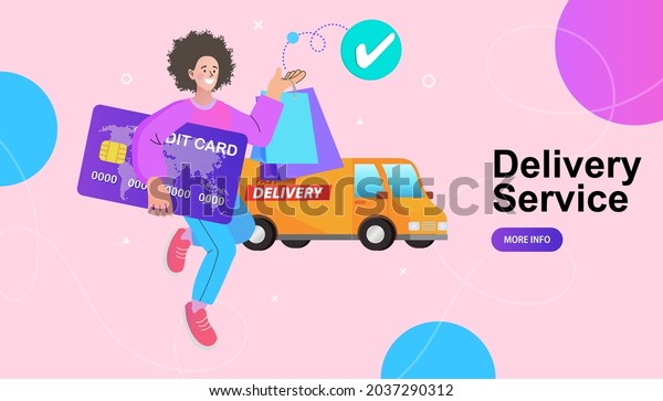 Digital service marketplace. Ordering and\
delivery. Smartphone, app, courier and cargo van. Selecting order\
on website entering and prepayment of goods, delivering flat\
courier and delivering.\
Vector