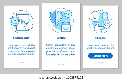 Digital service onboarding mobile app page screen with linear concepts. Quick and easy, secure, reliable software. Steps graphic instructions. UX, UI, GUI vector template with illustrations