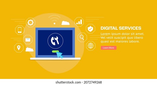 Concepto de servicios digitales, comunicación por Internet, Internet de las cosas, concepto de IOT - banner vectorial de diseño plano con iconos