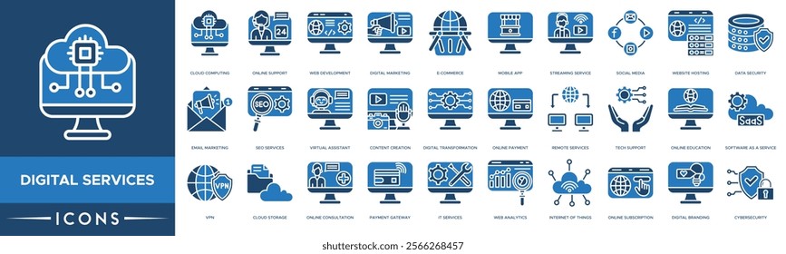 Digital Services icon. Cloud Computing, Online Support, Web Development, Digital Marketing and E-commerce