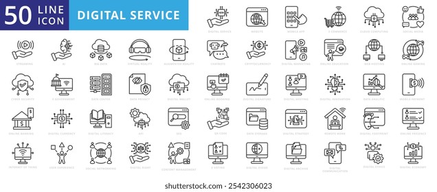 Digital services icon set with internet of thing,ai, big data, virtual reality, chatbot, cryptocurrency, marketing, online education, and augmented reality