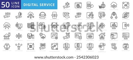 Digital services icon set with internet of thing,ai, big data, virtual reality, chatbot, cryptocurrency, marketing, online education, and augmented reality