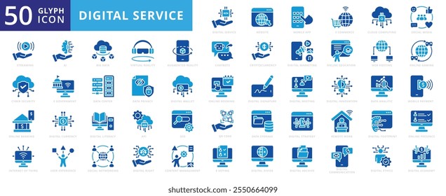 Digital services icon set with social media, education, marketing, meeting, communication, innovation, website, strategy, seo, cyber security, online, ecommerce, big data, economy, and service