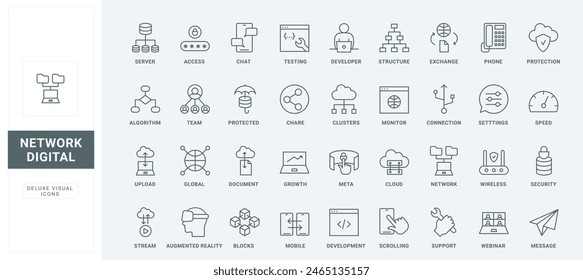 Servicios digitales para el intercambio de información, compartir y transferir, protección de acceso a la nube, símbolos de contorno finos negros y rojos, Ilustración vectorial. Datos digitales, conjunto de iconos de línea de comunicación de red