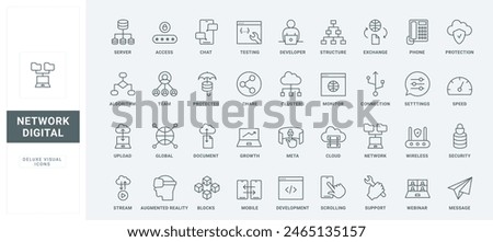 Digital services for information exchange, share and transfer, cloud access protection thin black and red outline symbols, vector illustration. Digital data, network communication line icons set