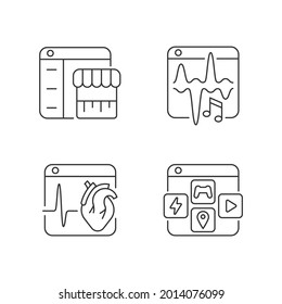 Digital services linear icons set. Music streaming. E-commerce. Medical platforms. App distribution. Customizable thin line contour symbols. Isolated vector outline illustrations. Editable stroke