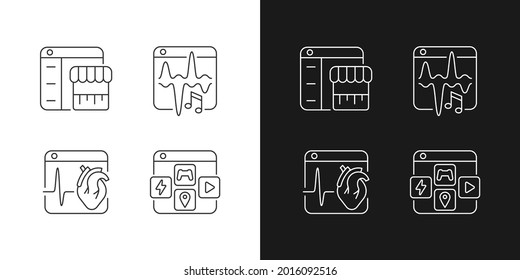 Digital services linear icons set for dark and light mode. Music streaming. E-commerce. Medical platforms. Customizable thin line symbols. Isolated vector outline illustrations. Editable stroke