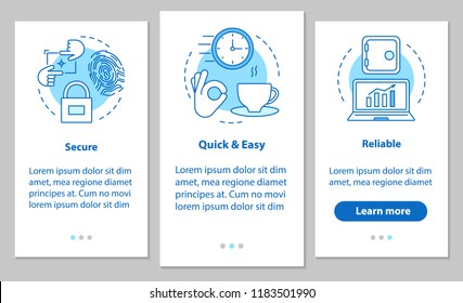 Digital services onboarding mobile app page screen with linear concepts. Business software. Security, quick and easy launch, reliable service steps graphic instruction. UX, UI, GUI vector illustration