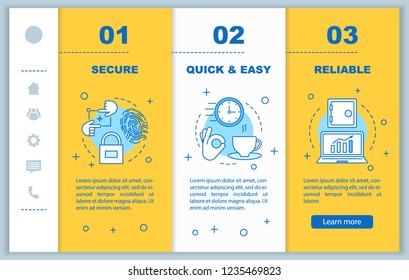 Digital services onboarding mobile web pages vector template. Business software. Security, quick and easy launch, reliable service. Responsive smartphone website. Webpage walkthrough step screens