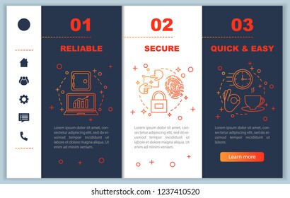 Digital services onboarding mobile web pages vector template. Business software. Security, quick and easy launch, reliable service. Responsive smartphone website. Webpage walkthrough step screens