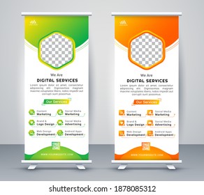 Banner de resumen de servicios digitales. Servicios digitales 2021 para banner de ampliación. Roll up banner template. Antecedentes abstractos. Banner x moderno. Resumen de plantilla de banner naranja y verde. Banner x moderno.