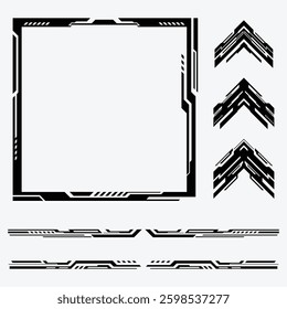 A digital set of cyber tech frames, futuristic borders, and sharp geometric elements for modern sci-fi aesthetics.