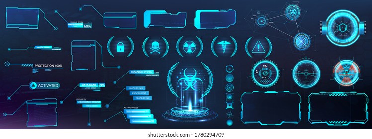 Digital set with HUD elements (Callouts titles, Holograms projectors, circle sky-fi gadgets, frames) VR elements and shapes. Futuristic information bars and digital elements for App, GUI, UI, UX.