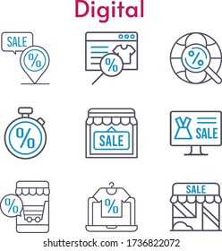 digital set. included online shop, shop, placeholder, internet, stopwatch icons. bicolor styles.