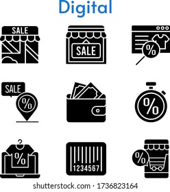 digital set. included online shop, shop, wallet, placeholder, barcode, stopwatch icons. filled styles.