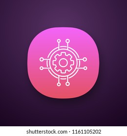 Digital settings app icon. Technological progress and innovation. UI/UX user interface. Gear. Machine learning. Cogwheel in chipset pathways. Web or mobile application. Vector isolated illustration