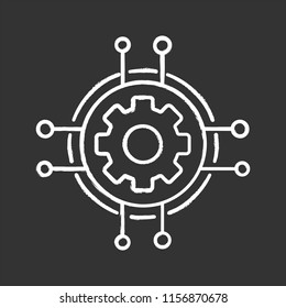 Digital settings chalk icon. Technological progress and innovation. Gear. Machine learning. Cogwheel in chipset pathways. Isolated vector chalkboard illustrations
