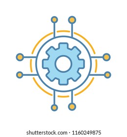 Digital settings color icon. Technological progress and innovation. Gear. Machine learning. Cogwheel in chipset pathways. Isolated vector illustration