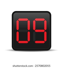 Digital seven segment display showing red number 9 with shadow underneath. Vector illustration