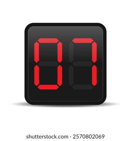 Digital seven segment display showing red number 7 with shadow underneath. Vector illustration