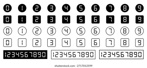 Digital Seven Segment Number Icon Mega Set com Círculo e Quadrados.