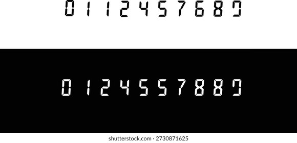 Digitaler Sieben-Segment-Zahlensatz mit weißen und schwarzen Variationen für elektronische Uhrzeitanzeige, Vektorgrafik-Symbol, Und