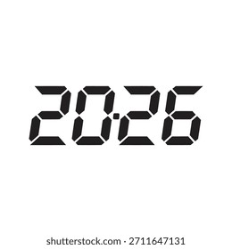 Una fuente de visualización digital de siete segmentos que muestra el año 2026 representando temporizadores electrónicos, marcadores led y relojes de cuenta regresiva para eventos de año nuevo.
