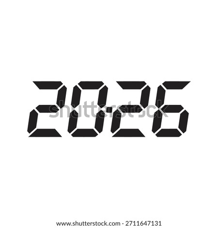 A digital seven-segment display font showing the year 2026 representing electronic timers, LED scoreboards, and countdown clocks for new year events.