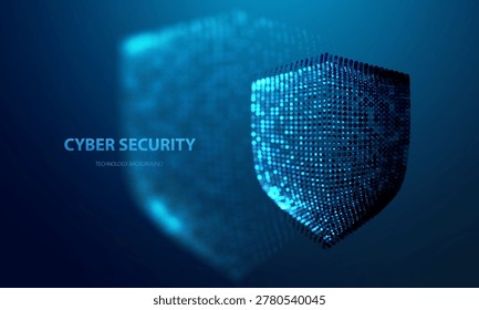 Digital shield cyber security concept vector. Protection and security icon with dotted glowing and blurred circles. Guard firewall technology design. Safe and defense shield symbol in blue tones background.