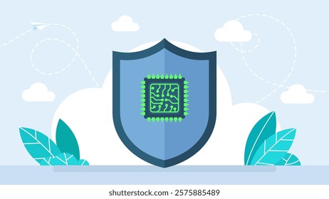 Digital shield. Cyber security, security logo, chip shield logo A circuit chip shield. Digital data protection. Symbolizing top-notch security and protection for your brand. Vector illustration 