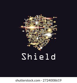 Digital shield icon made of glowing pixels on dark background. Cyber security concept for data protection, network safety, and futuristic information technology for professional business themes. 