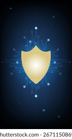 Um ícone de escudo digital colocado contra um fundo escuro, simbolizando segurança e proteção em tecnologia, com padrões semelhantes a circuitos irradiando a partir dele.