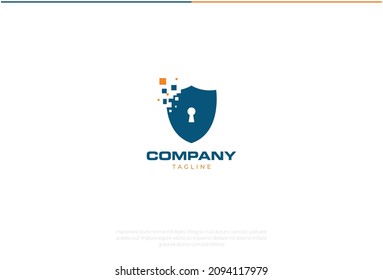 Digital Shield Logo Design. Vector Logo Template. An Identity And Database Shield Protection Safe Guard With Digital Pixels And A Key Padlock In The Middle. An Online Technology Security Network Guard