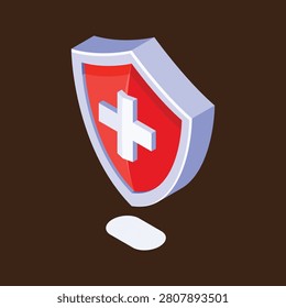 A digital shield with a medical cross symbol and a drop below it