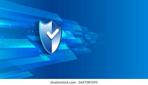 Escudo digital sobre fondo azul con rayas y símbolos binarios, que simboliza la ciberseguridad, la protección de datos y un sistema de información fiable. Moderno, elegante, tecnológico para presentaciones.