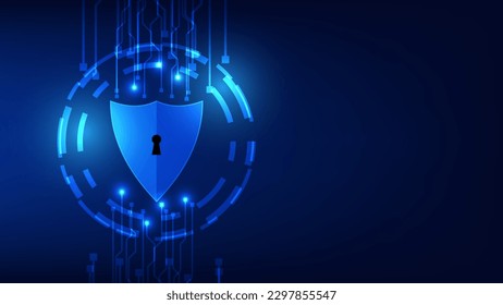 digital shield with virtual screen on dark background cyber security technology fraud prevention with copy space