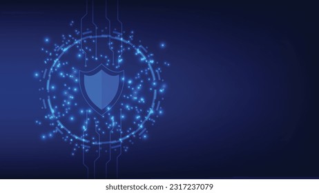 digital shield with virtual screen on dark background with copy space. cyber security technology for fraud prevention and privacy data network protection concept