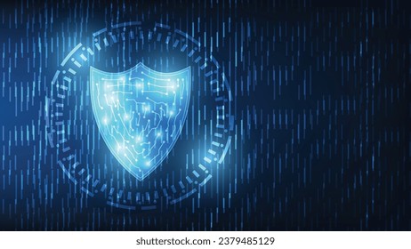 digital shield with virtual screen on dark background cyber security technology fraud prevention concept